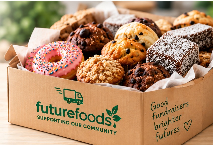 AI-generated image of a box of food and snacks for a community fundraiser