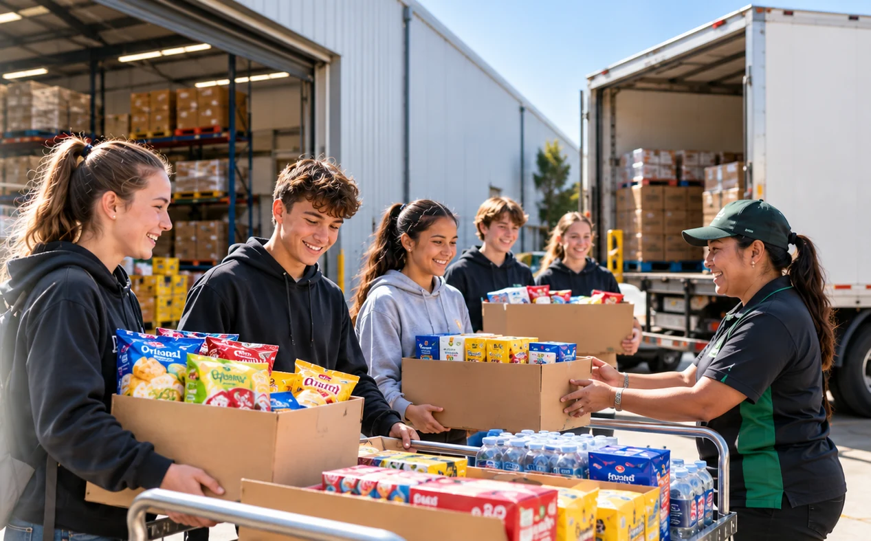 AI-generated scene of community volunteers collecting fundraising orders at a warehouse
